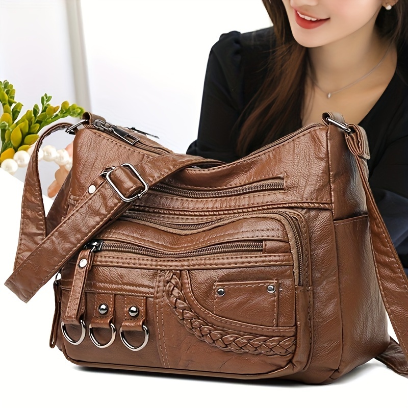 

Solid Color Vintage Style Shoulder Bag, All-match Classic Zipper Crossbody Bag, Middle Aged Style Handbag