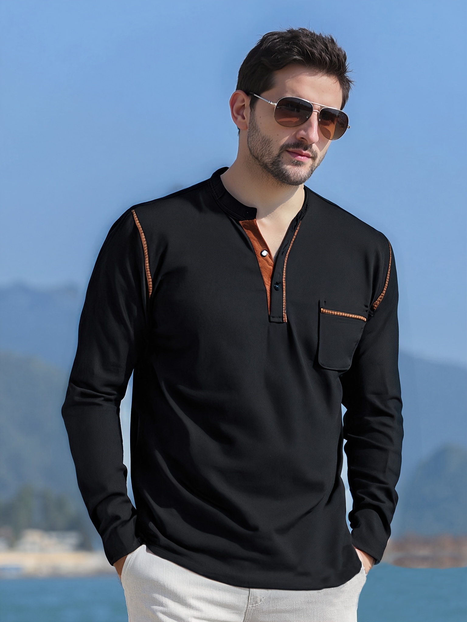 *'s Fashion Henley Shirt Classic Long Sleeve Lightweight Button-Up T-Shirt  Summer Casual Vacation Henley Shirt Fit with Pockets