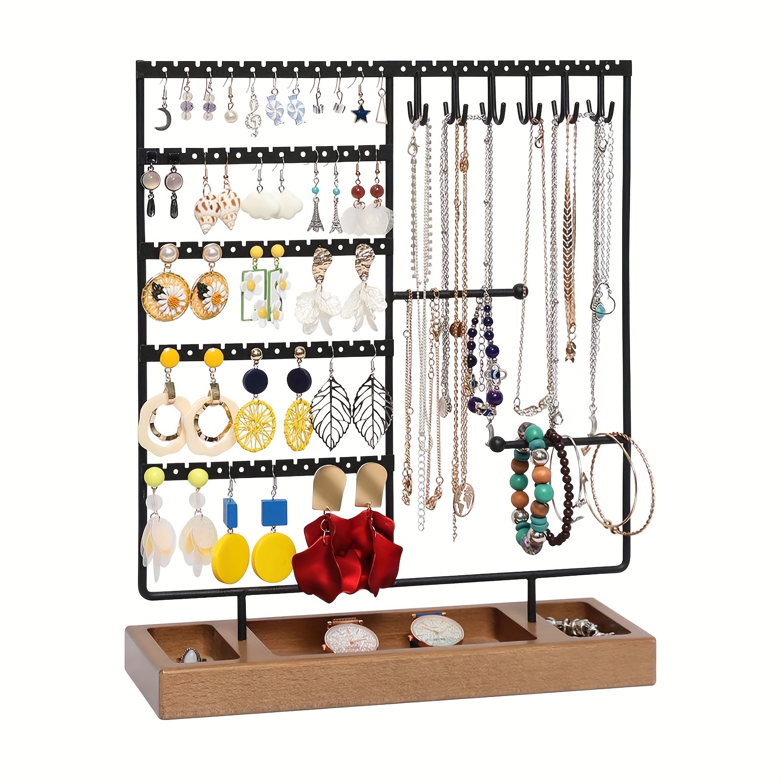 

1pc 5-tier Earring Holder With Wooden Tray, Ear Stud Holder Jewelry Organizer For Earrings Necklaces Bracelets Watches And Rings, Earring Display Stand With 132 Holes