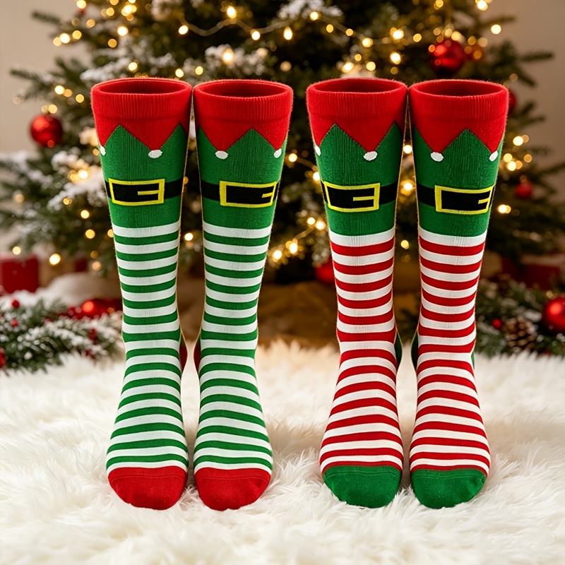 TEMU 2-pair Ncdate Men's & Unisex Christmas Elf Socks - Warm Breathable Tall Mid-calf Thermal Socks Suitable For Winter, Cold Weather, Machine