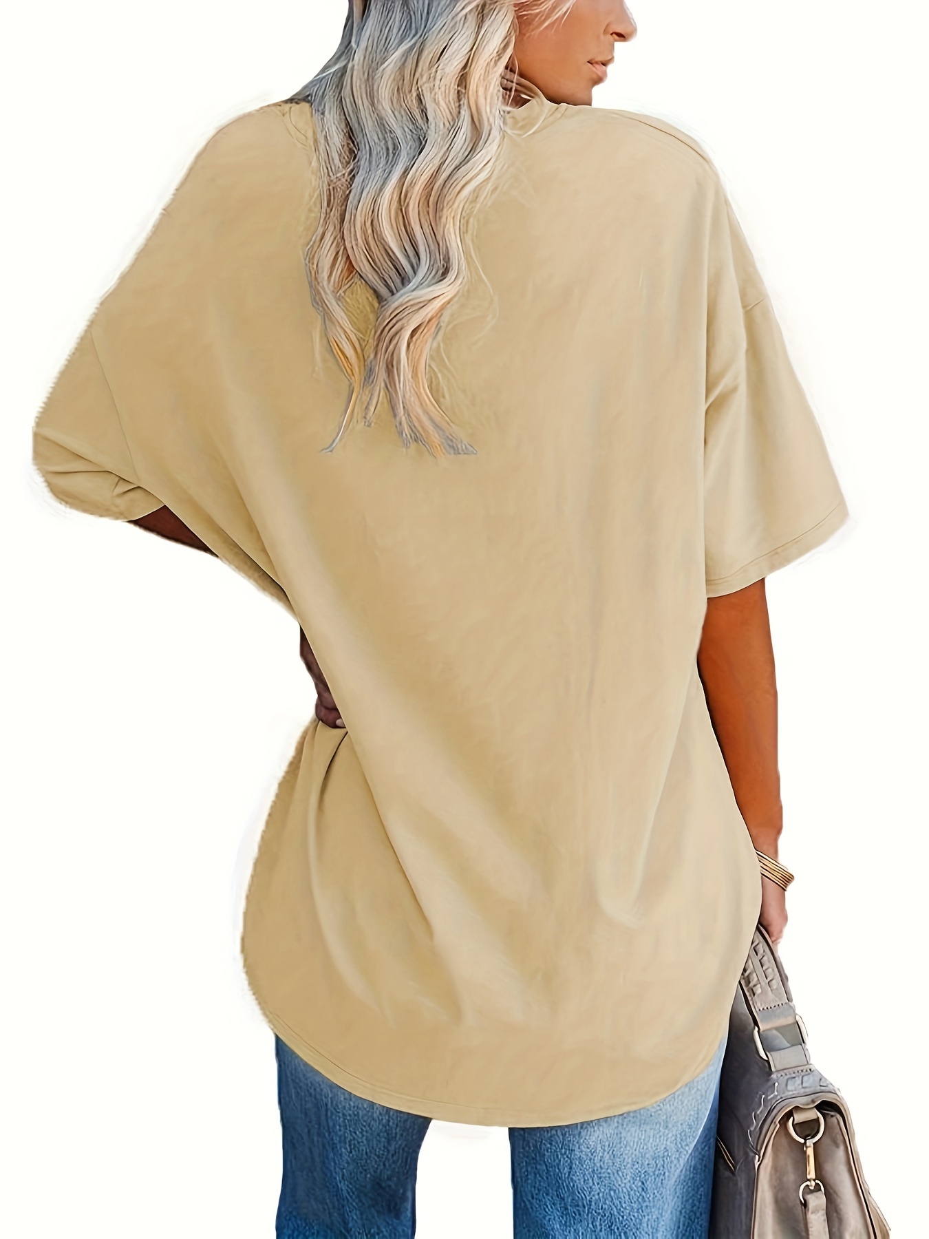Women's Loose-Fit V-Neck Half-Sleeve Blouse - Soft Stretch, Solid Color, Spring/Summer Casual & Formal Wear, Elegant & Breathable, Transitional Weather Clothing, Middle Eastern Style, Comfortable Fit, Stretchy Fabric Top