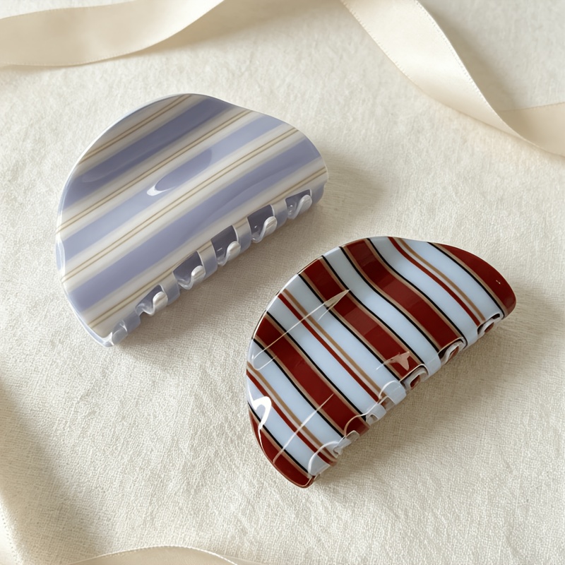TEMU 2pcs Striped Acrylic Hair Claw Clips, Autumn Winter Vintage Striped Semi-circular Hairpins, Anti-slip Hair Clips, Suitable For Women And ' Daily