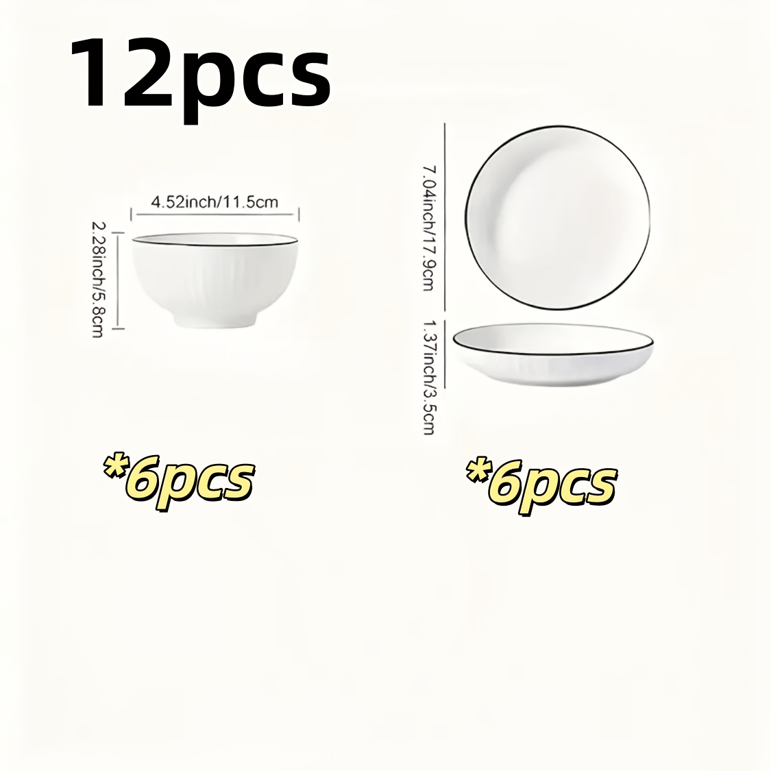 TEMU 12pcs Ceramic Tableware Set Suitable For Home & Parties - Dinner Plates & Bowls, 6pcs Each Of 8” Plates & 4.5” Bowls, Ideal For , Soup, Holiday