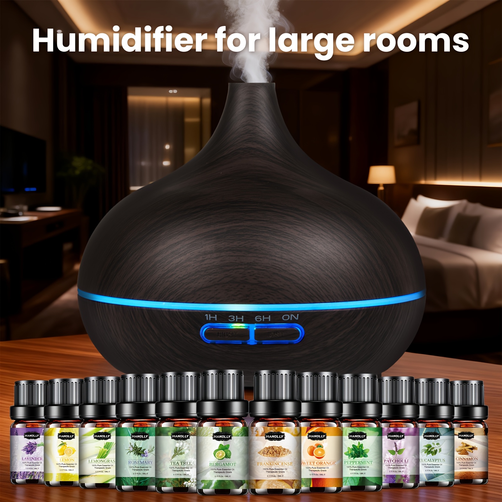 18.6 oz Ultrasonic Essential Oil Diffuser with 7-Color LED Light, Timer, Auto-Off, Large Capacity Wood Grain Humidifier with Oils Set