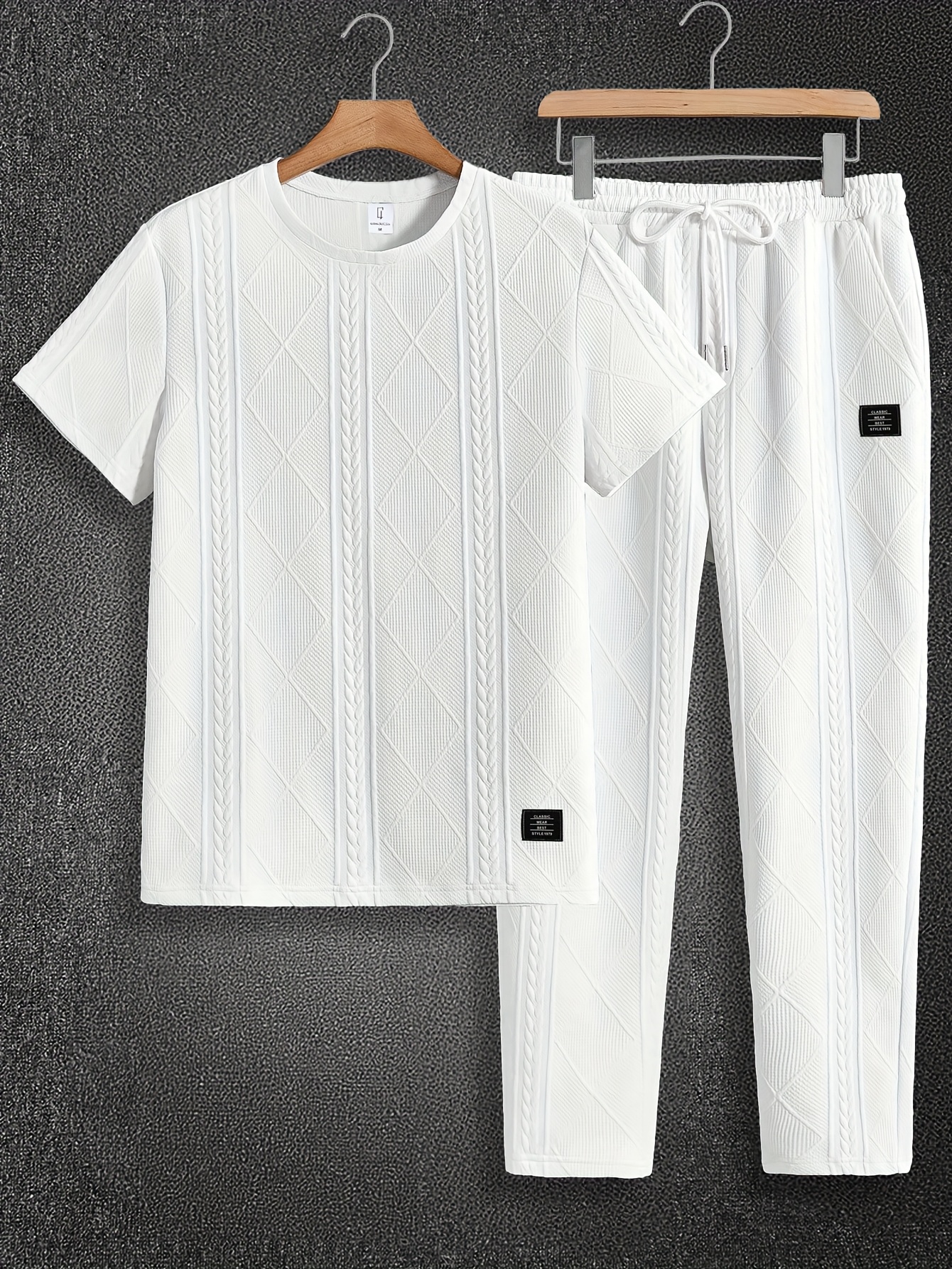 Men'S Suit Round Neck Car Knit Label Tassel Texture Short Sleeve Top Drawstring Slant Pocket Long Pants Casual Two-Piece Set