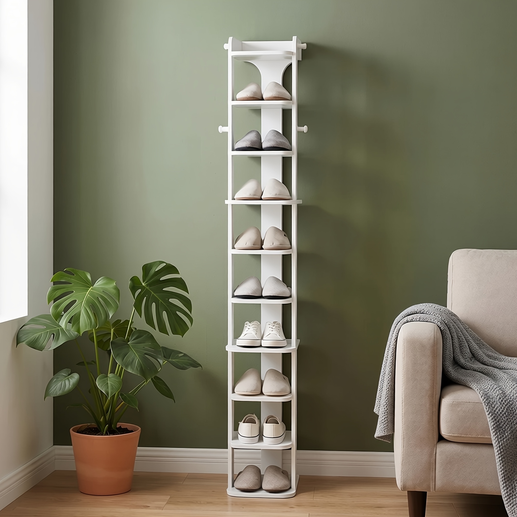 Image of White 10-tier Wooden Shoe Rack With Hooks, Adjustable Design, Ultra-thin And Space- Shoe Rack For Entryway, Hallway, And Living Room