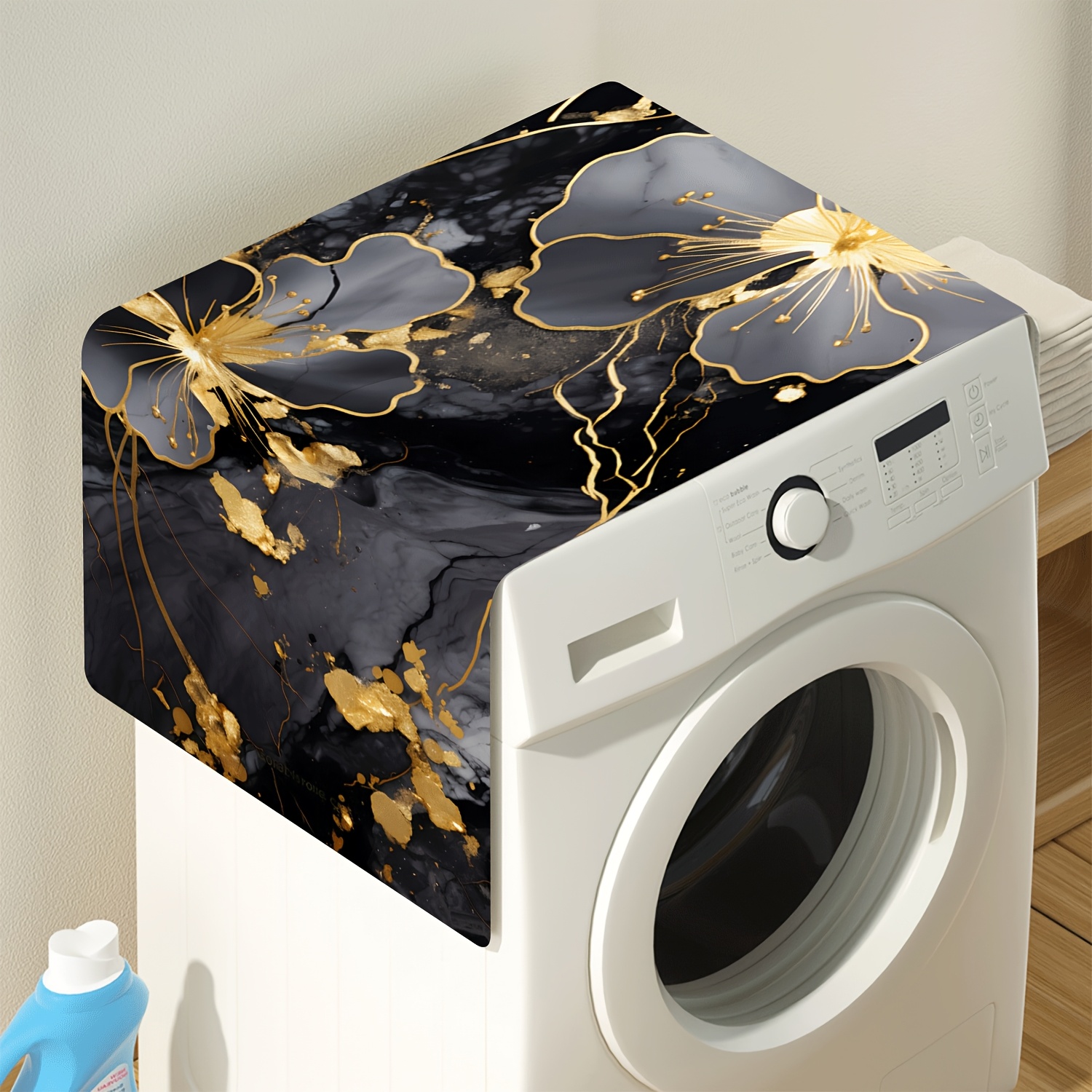 1pc Black Floral Print Polyester Dust Cover For Refrigerator, Dryer, And Washing Machine, Washable Dustproof Cover