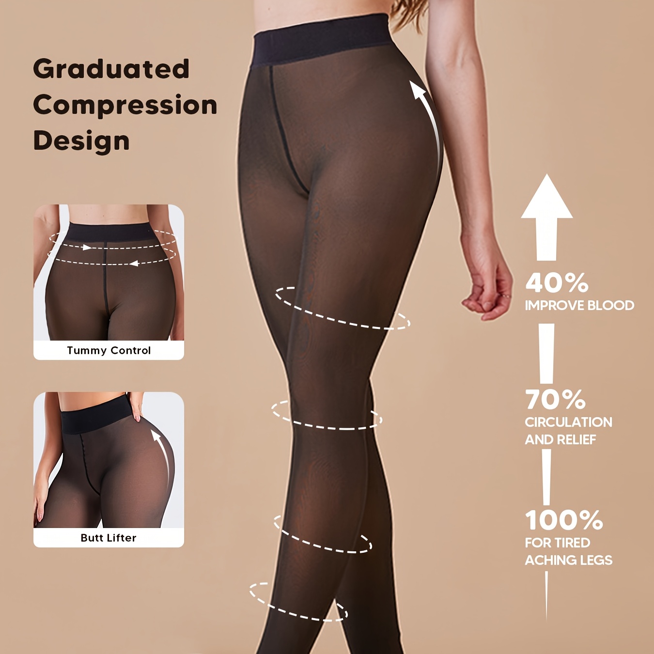 

1 Pair Of Elegant Women's Graduated Tights - High-waisted, With Tummy Control & Butt Lift, Breathable Nylon , Anti-swelling For Autumn & Winter