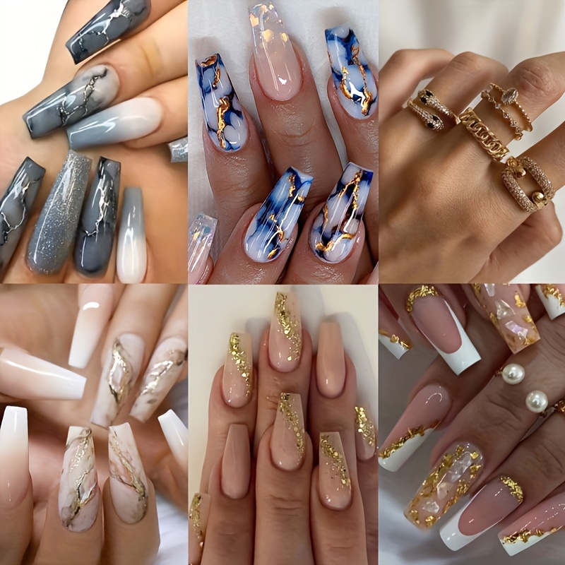 

120pcs Nude Press On Nails Coffin Long Fake Nails + 5pcs Rings Acrylic Gradient Sequins False Nails Marble Full Cover Stick On Nails For Women And Girls