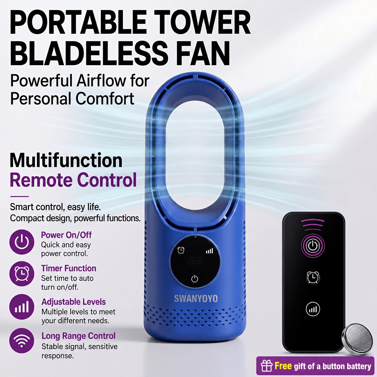 TEMU Portable Bladeless Tower Fan With Remote Control, Usb-powered Desktop Cooling Fan, 6-speed Wind , Intelligent Timer, And Wide-angle Air Outlet, Suitable For Office, Bedroom, Home, Travel, Camping