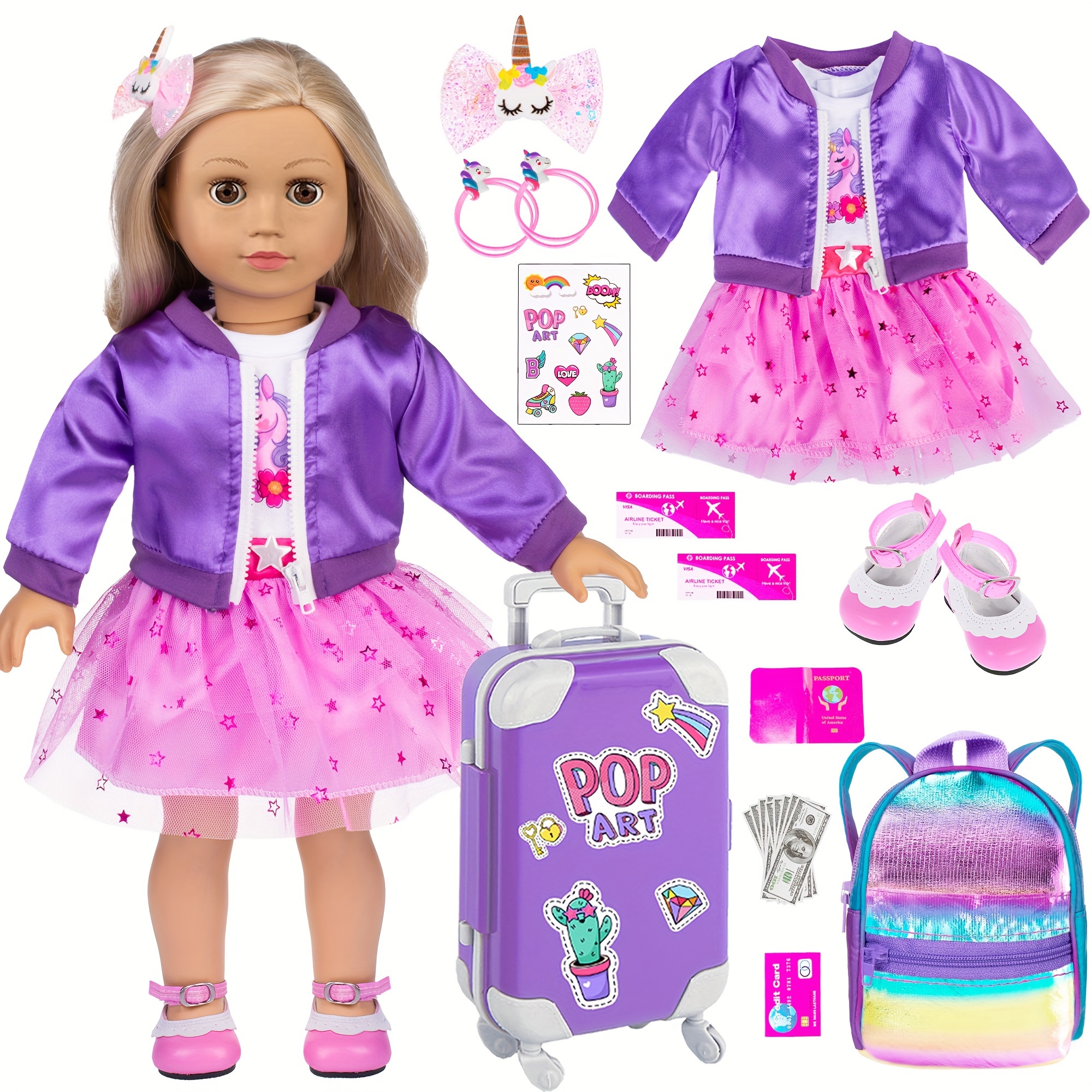 

18 Inch Doll Clothes And Doll Travel Set With Luggage Suitcase Fit For 18 Inch Girl Doll, Most 18 Inch Dolls Halloween, Christmas Gift