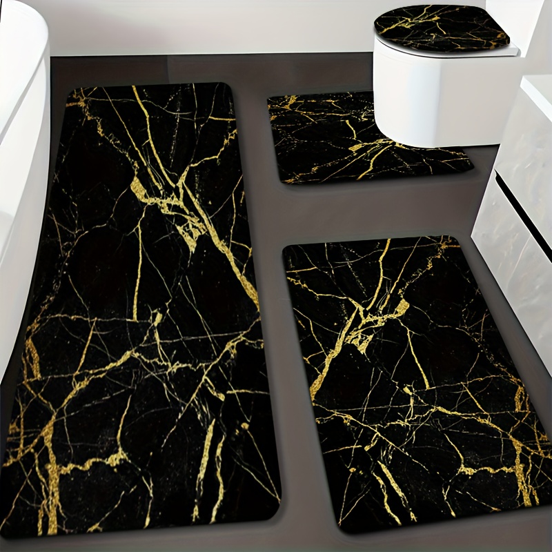 TEMU 4-delige set, Zwart en Goud Marmer Gedrukte Badmatten, Antislip Mat Set, Woondecoratie Flanellen Materiaal, 1,2 cm Dikke Spons, Antislip