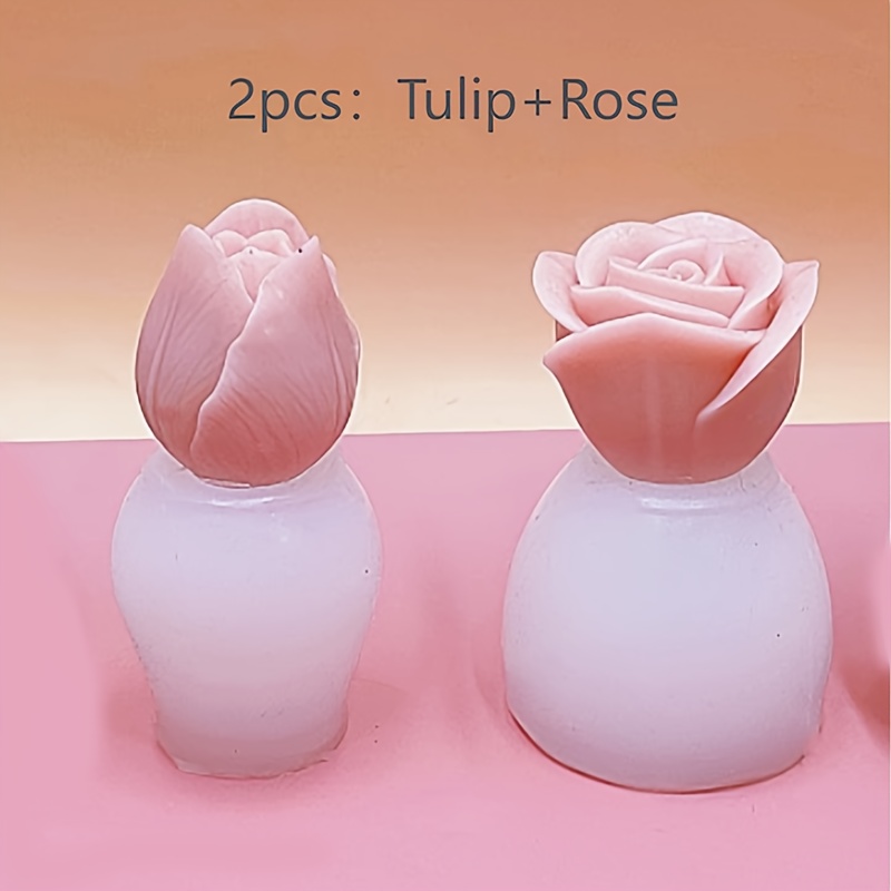Image of 2pcs Tulip And Rose Candle And Aromatherapy Silicone Molds, Diy Bouquet Decoration Ornament Molds, Floral-themed Irregular Shape Molds, Suitable For , Candles, Aromatherapy, Etc.