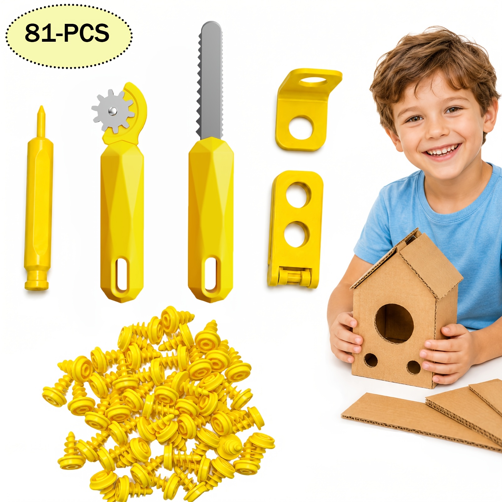 TEMU 81pcs Cardboard Construction Tool Set For Kids, Pretend Play Tools, Diy Cardboard Building Kit, Creative Craft Toy For Boys And Girls
