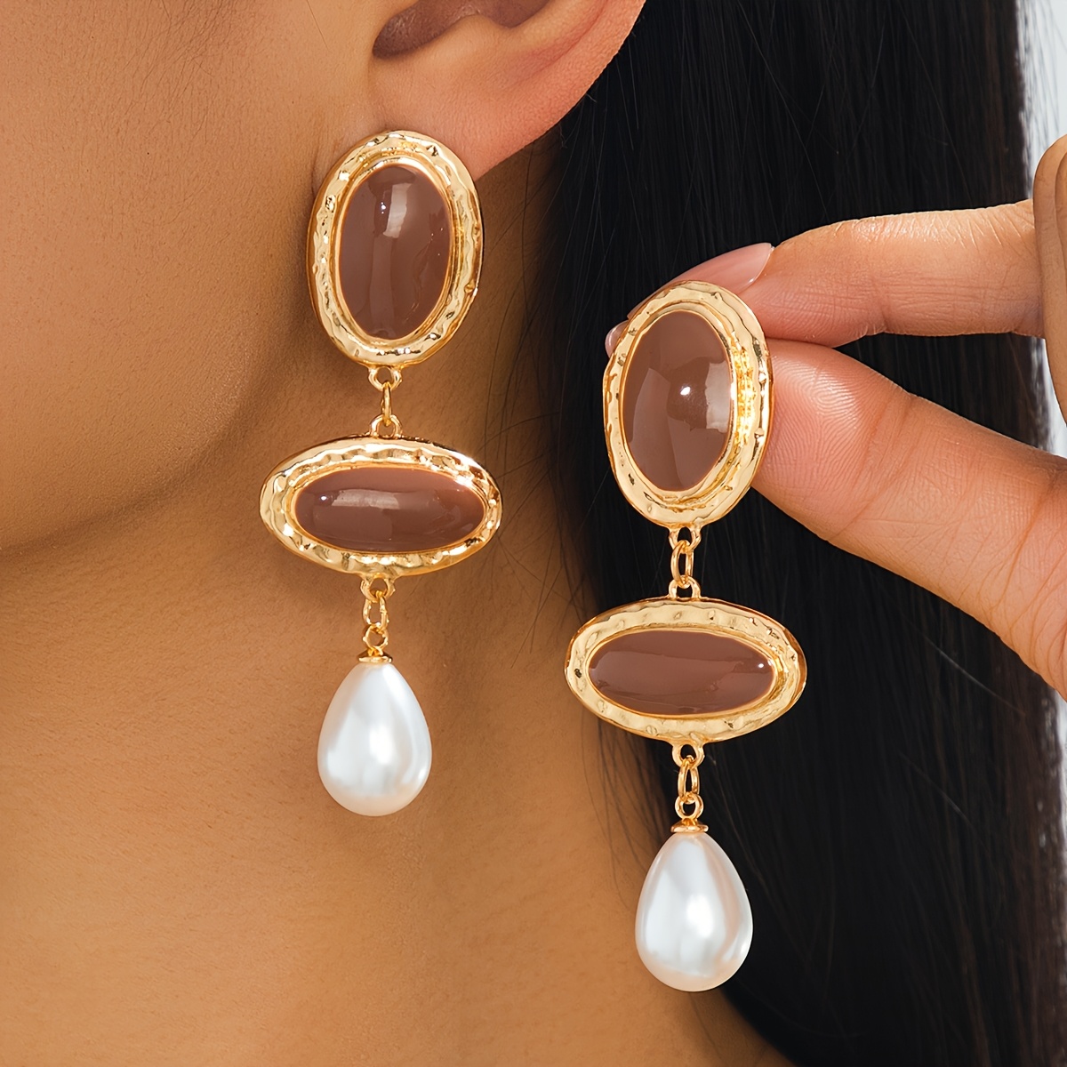 French Retro Long Oval Patchwork Earrings, Versatile Fashion