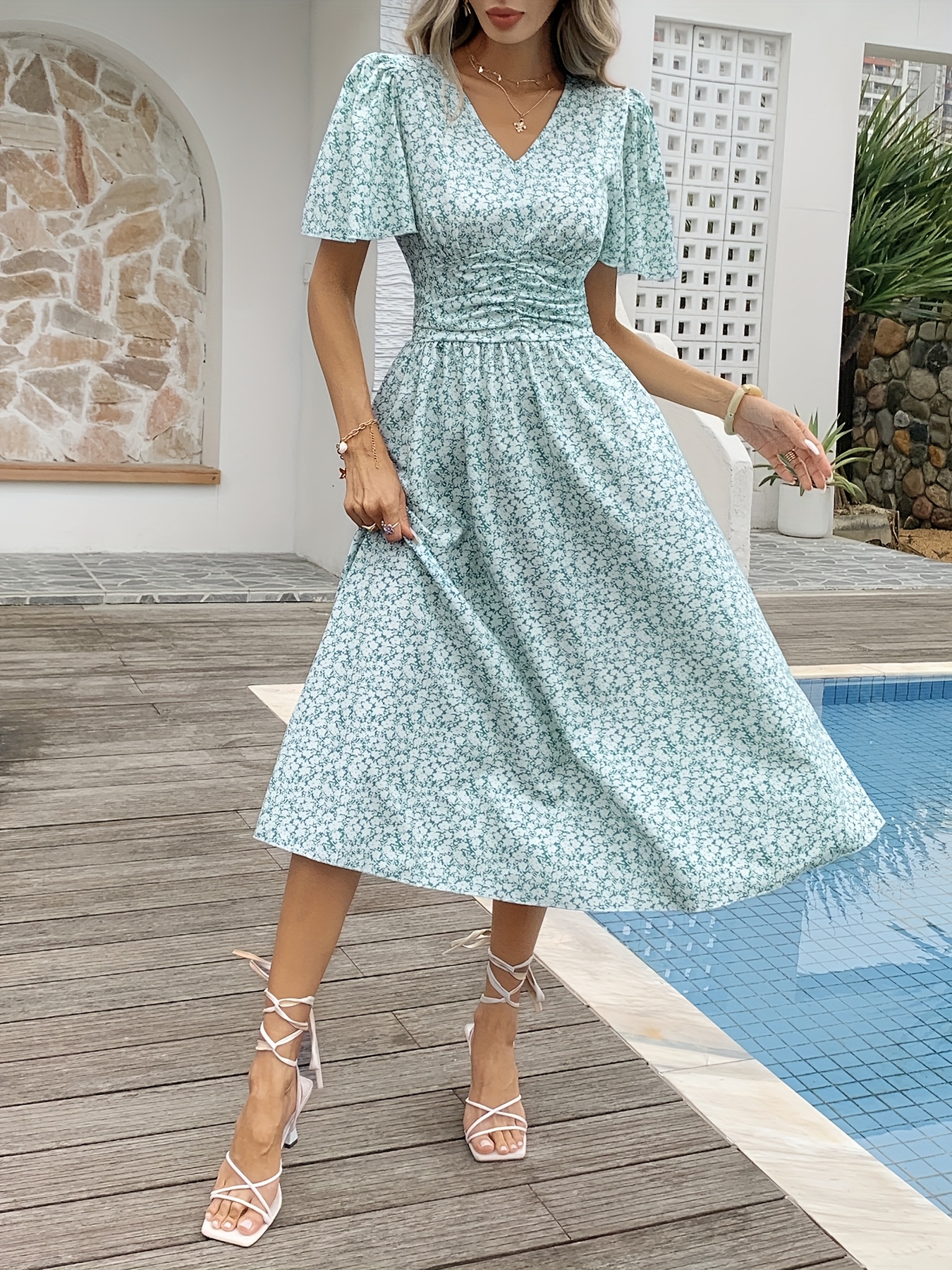 v neck ruffle sleeve midi dress Qolati Summer Dresses for Women Boho V Neck Ruffle Sleeve Midi Dress Casual Stretch High Waist Tiered Pleated Swing Beach Sundress, Women's, Size:
