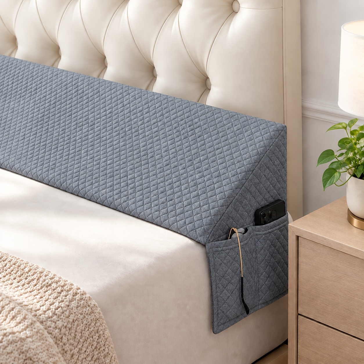 TEMU 1pc Triangular Pocket Bedside Filler Pillow, Washable Quilted Wedge Pillow, The Between The Mattress And Headboard, In , With Dual Functions Of