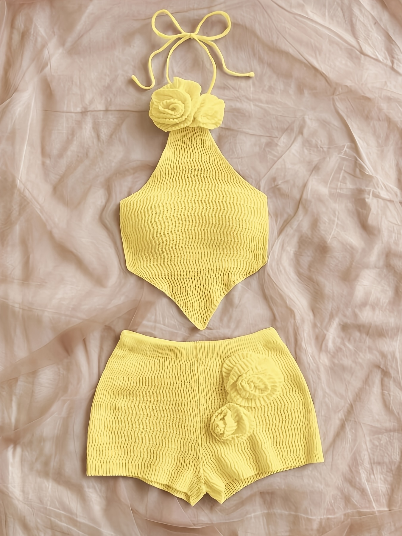 handmade 3d floral halter neck vest with   scarf   backless belly band   short shorts     fabric two piece set summer   Product details 7