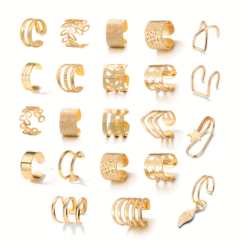 TEMU Ensemble de 22 pièces : Boucles d'oreilles à clips pour femme, style minimaliste hip-hop, à breloques ajourées et multicouches, perçage pour le