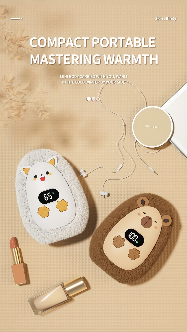 portable usb rechargeable hand warmer 1200mah lithium battery 3w round plastic electric   with fluffy cover fast heating in   cute cartoon design details 10