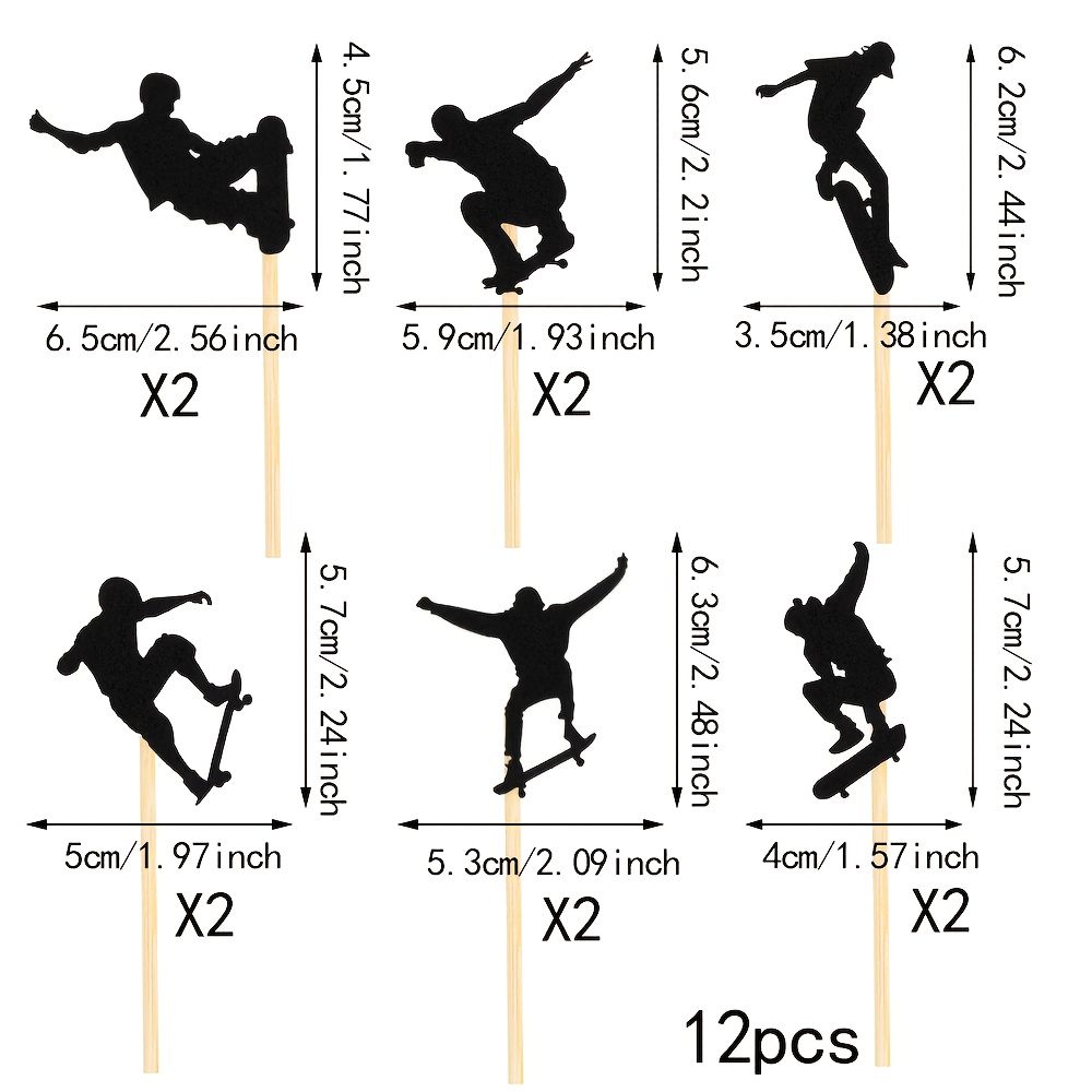 12-pack Skateboard Cupcake Toppers, Black Skateboard Cupcake Decorations, Skateboard Themed Party Cake Decorations