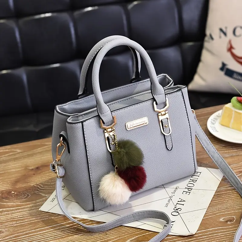 stylish lychee pattern handbag with adjustable strap and   charms versatile shoulder handbag for   army green khaki light grey dark grey red crossbody purse   pom pom accents metallic hardware light grey 10