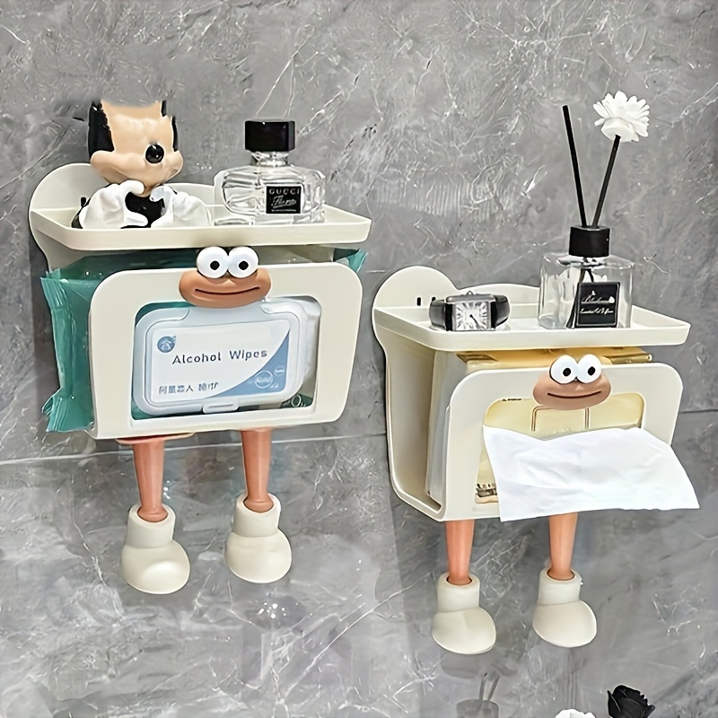 

1pc Cute Cartoon Wall-mounted Plastic Shelf For Bathroom, Hanging Storage Organizer For Wet Wipes, Tissues, And Essentials - No Metal Pipe Included, Shelves