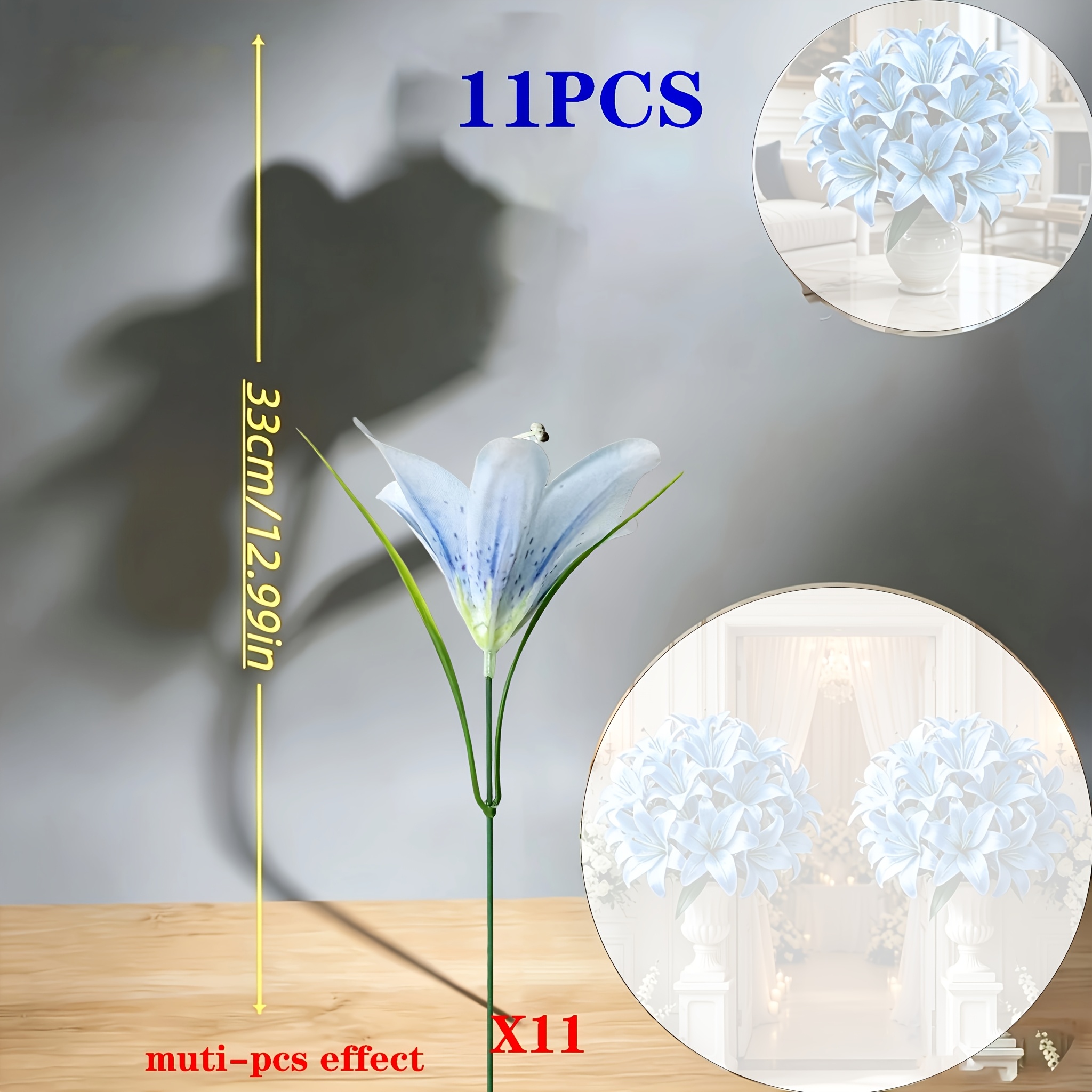 TEMU 11pcs Realistic Blue , High-quality Artificial Lilies For Floral Arrangement, Realistic With Buds, Durable Plastic Fake Flowers, Decoration
