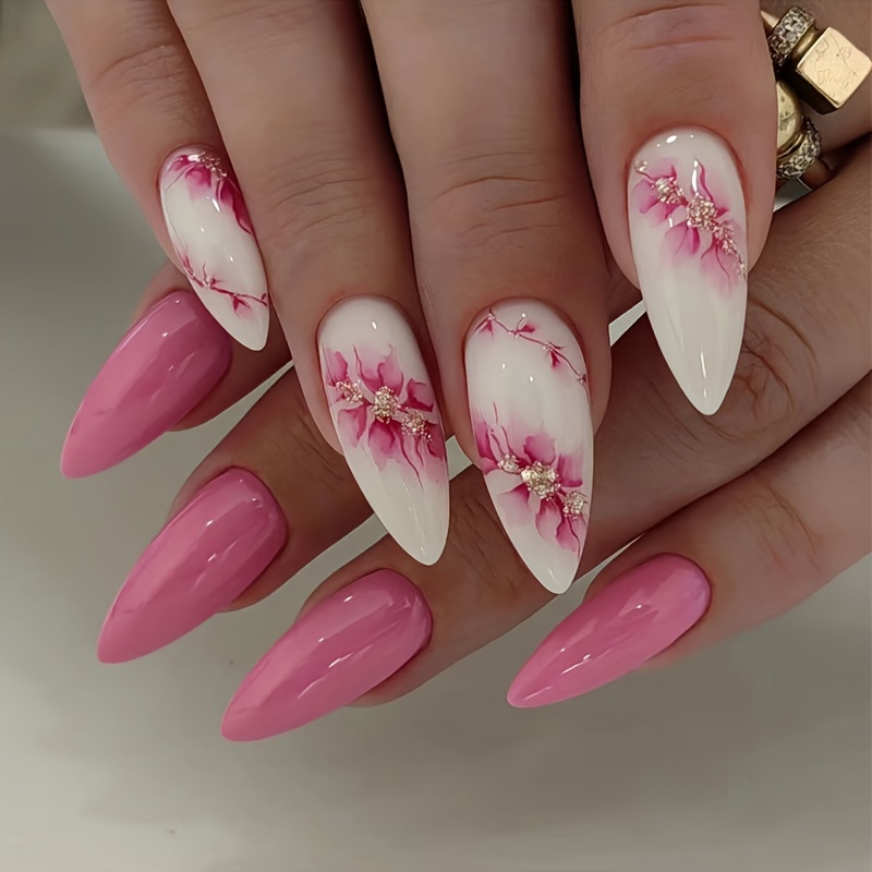 

Faux ongles en amande de couleur mélangée avec motif floral - 24 faux ongles roses et blancs brillants à coller avec de la colle en gelée et un jeu de limes à ongles