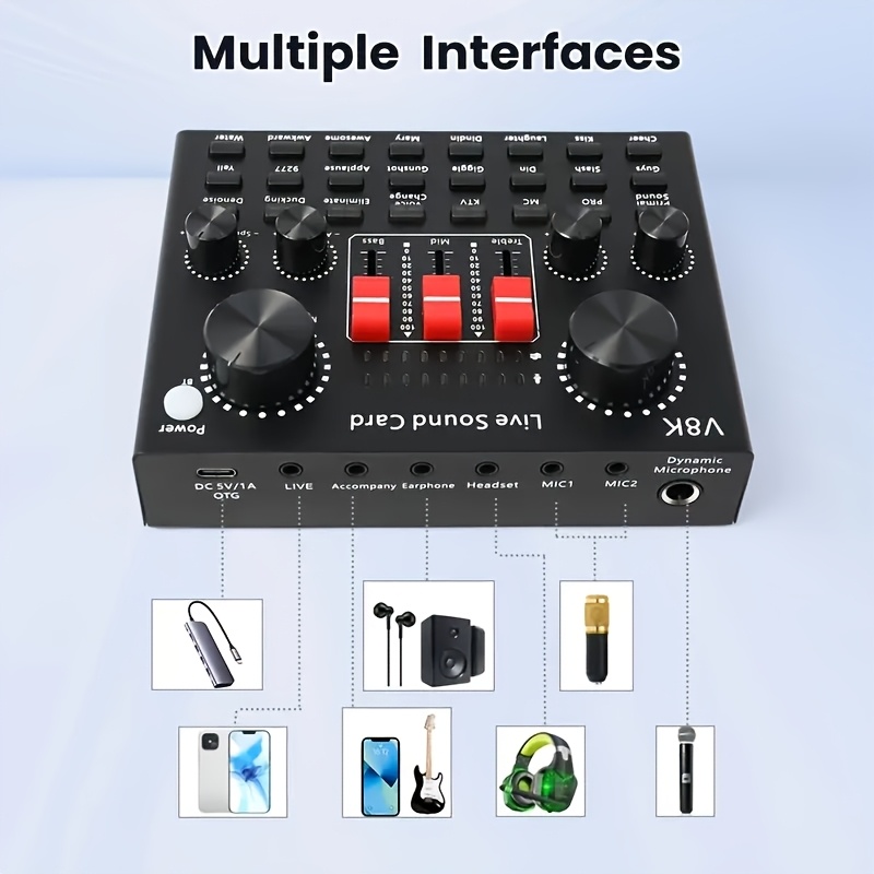 Професионален аудио интерфейс Live Sound Card V8K с напрежение под 36V, с USB кабел за зареждане и вградена 18650 литиева батерия за преносимост - идеален за външно стрийминг, запис, озвучаване и пеене