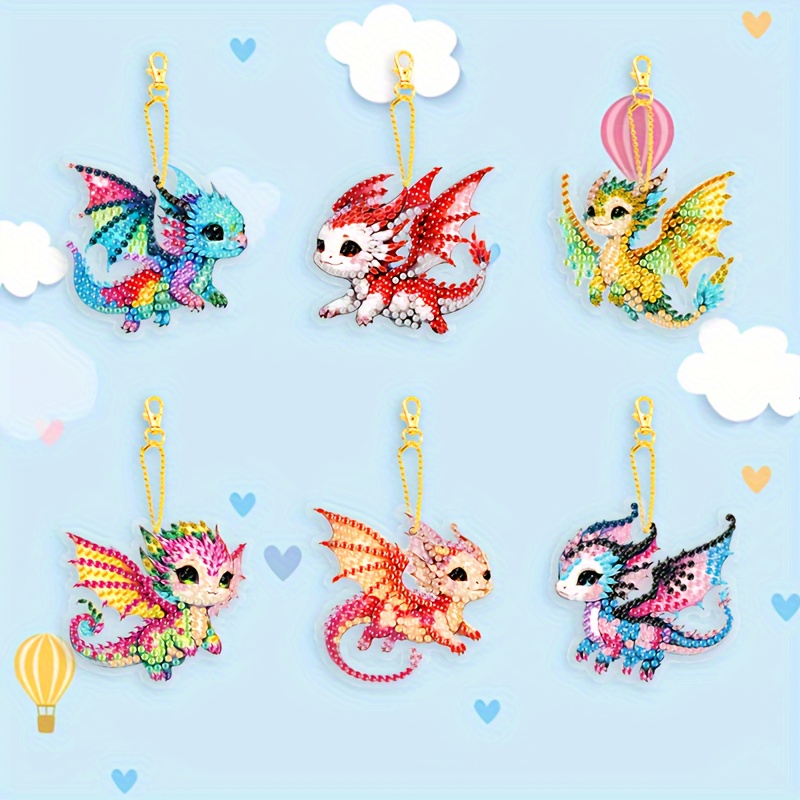 

6pcs Diy Diamond Painting Keychain Kit, Cute Cartoon Dragon Baby Pendant, Colorful Mosaic Craft Gift For Birthday Party, Acrylic Animal Theme With Irregular Shaped Diamonds