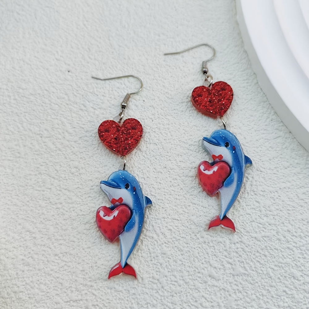 TEMU 1 Pair Women' Sparkling Dolphin Earrings With Heart Charms - Cute Resin Dangle Earrings Suitable For Vacation, Beach Parties, Music Festivals,