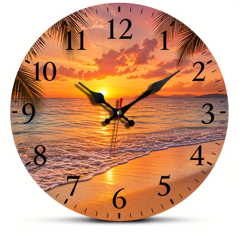TEMU 1 Round Wall Clock With An Orange Seaside Sunset Pattern, Sunset Scenery Wall Decor Clock, Silent Quartz, Suitable For Living Room, Bedroom,