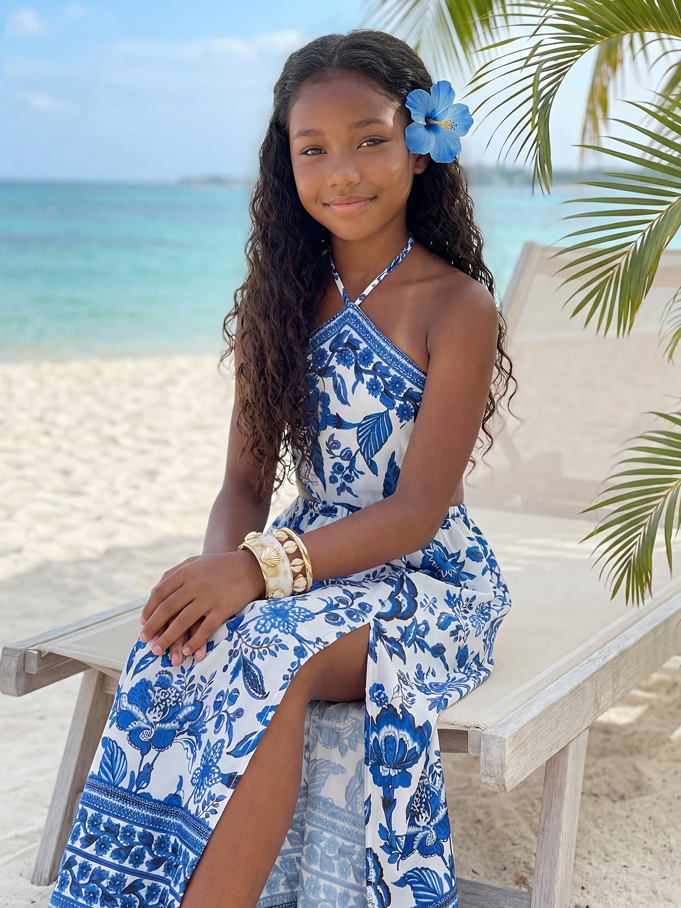 KIDS Young Tween Girl Floral Print Halter Open Back High Slit Hollow Out  Waist Long Beach Dress for Summer