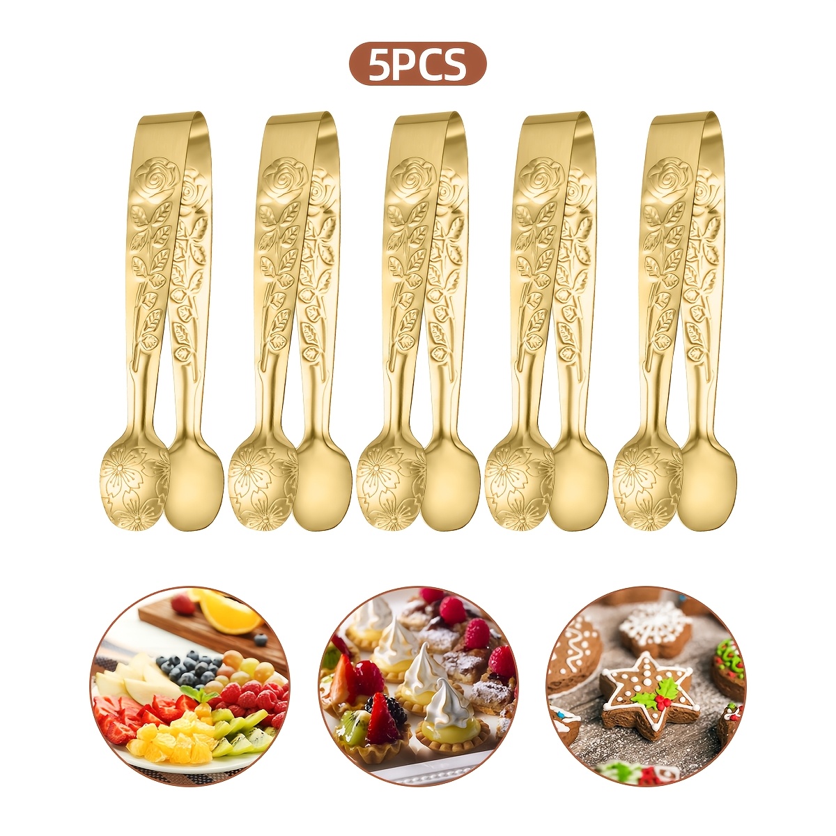 TEMU 5 pinces à servir mini en acier inoxydable rose, dorées et argentées, clips réutilisables et lavables au lave-vaisselle pour salade, fruits,