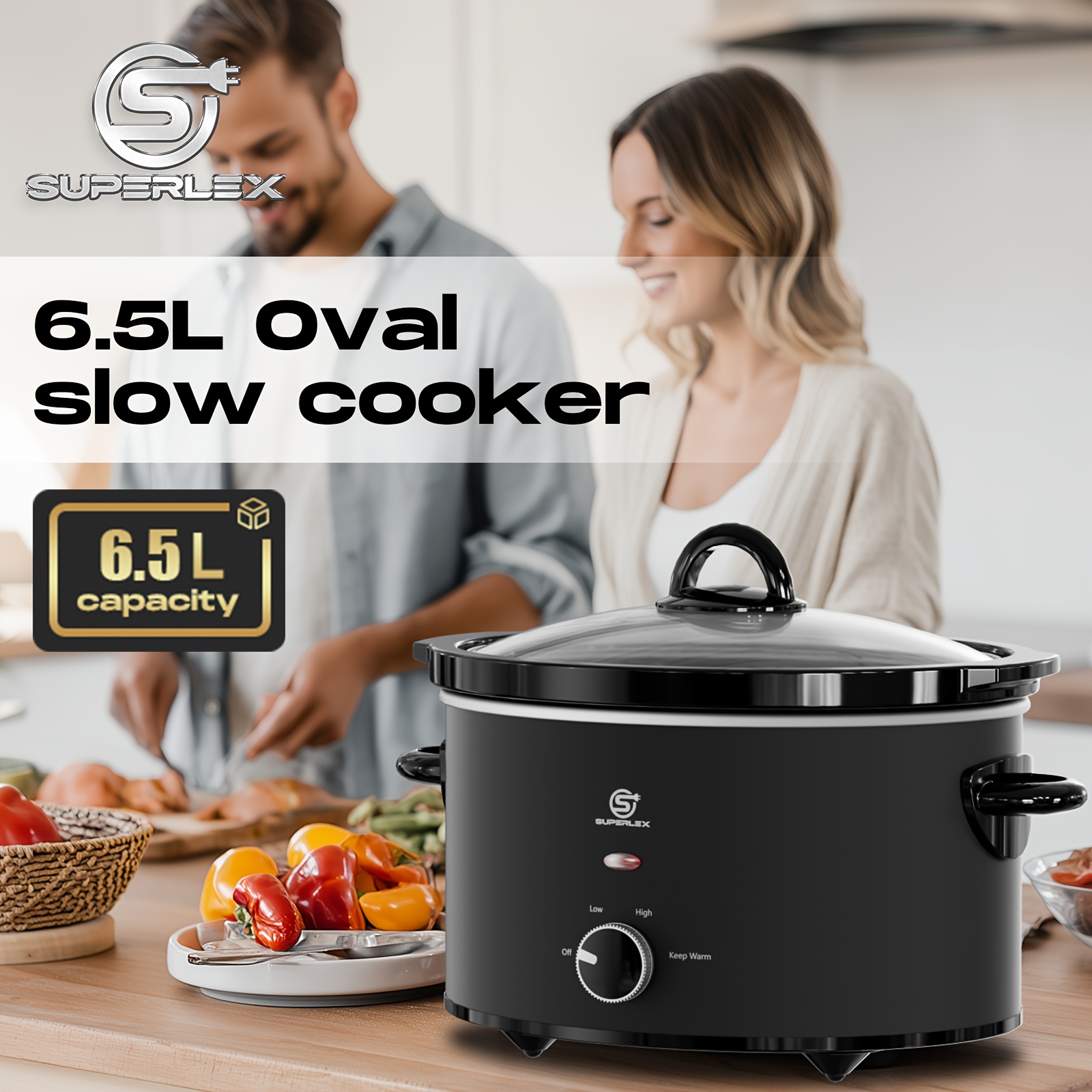 TEMU Slow Cooker 6.5l Oval Crock Lightweight And Portable For Home Or Office Use, Tempered Glass Lid And Handles, 270w Removable Easy Clean Pot,