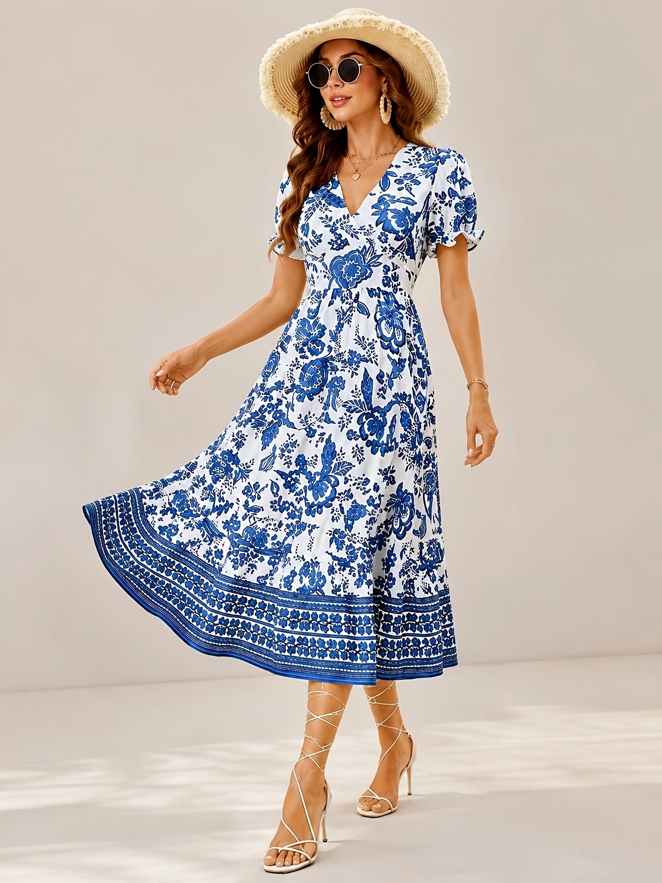 blue and white floral dress wedding guest ladies fashion elegant boho v neck puff short this European summer strapless searchable:Strapless Color:custom color from color charts Plum Velvet Tulle Long Floral maxi dress with