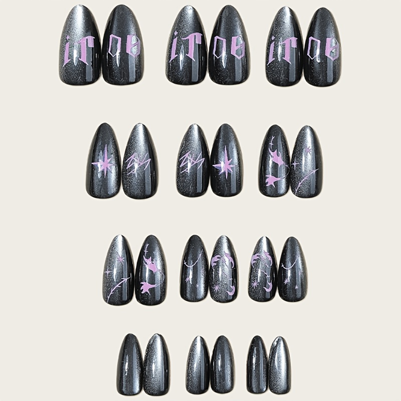 E-shop 24-teiliges Set mittelgroße Mandelförmige Press-On-Nägel, Schwarz-Silbriges mit - Buchstabendesign, Y2K Gothic-Galaxie-Stil, glänzende
