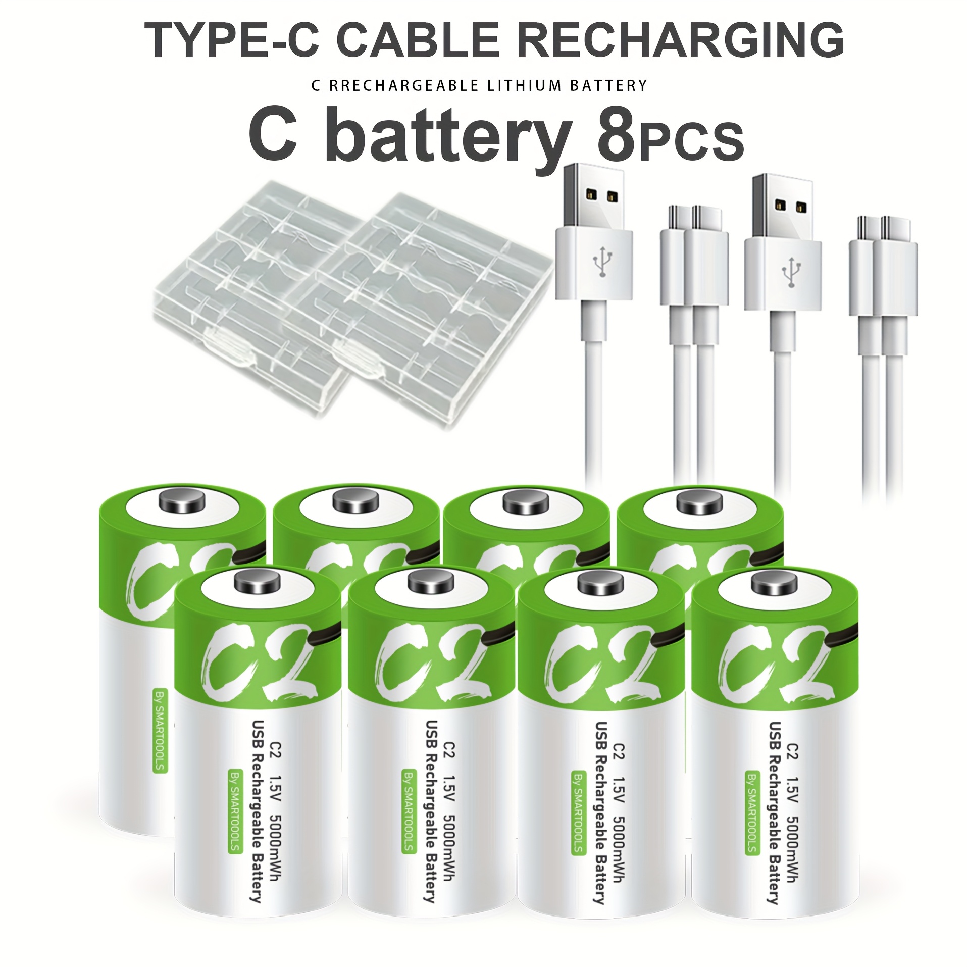 TEMU 8pcs C Battery C Batteries, Usb/type-c C Rechargeable Lithium , High Capacity 1.5v 3300mah 5000mwh Rechargeable Lithium Battery, 2.5 Hours Fast