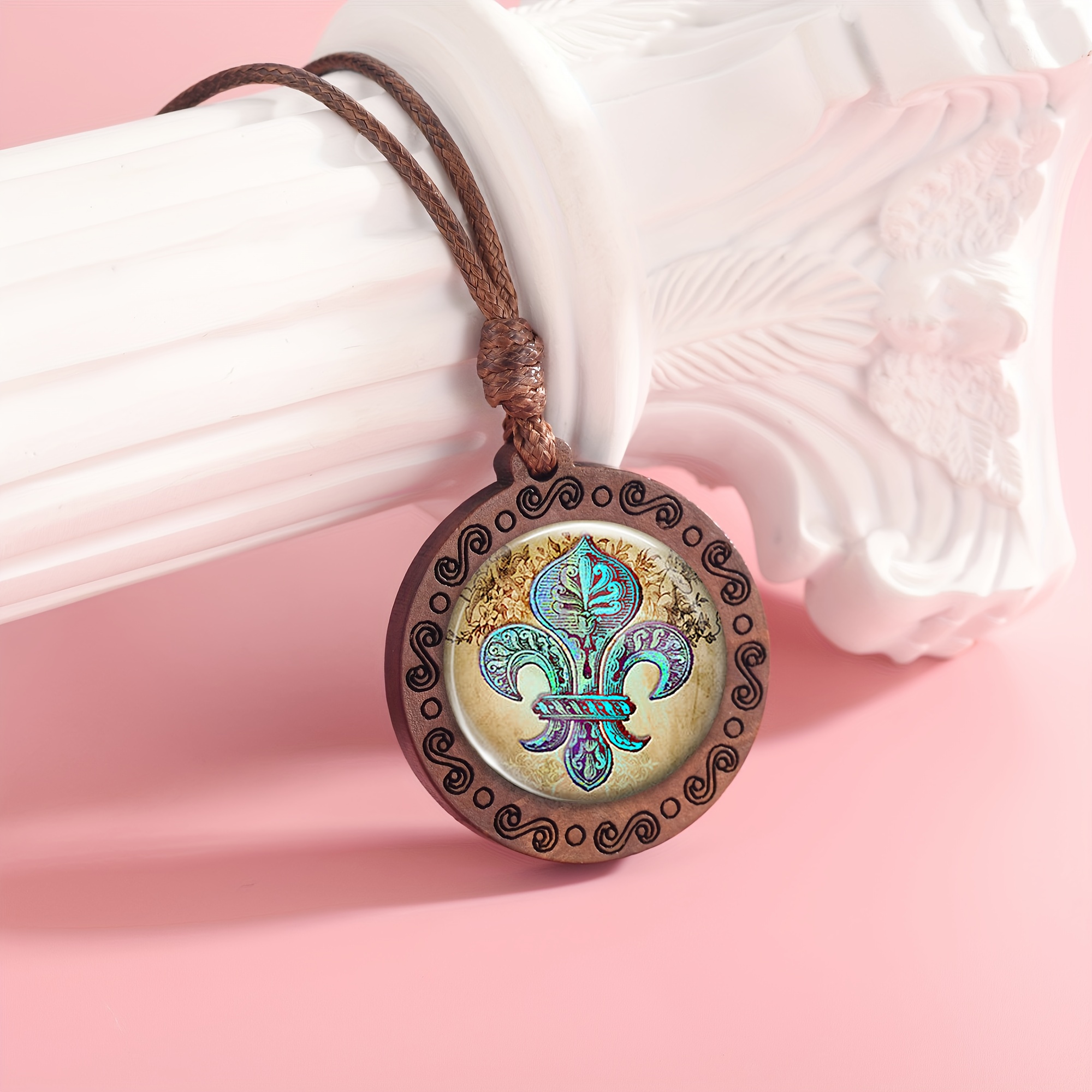 Handcrafted Wooden Round Badge Pendant Necklace, Unisex