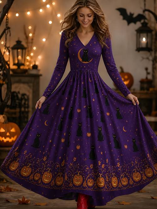 item picture 500pcs edition womens dresses sold daily halloween autumn womens purple orange pumpkin lantern and long sleeve v neck waist cinching long dress gothic elegant fashionable versatile for daily use