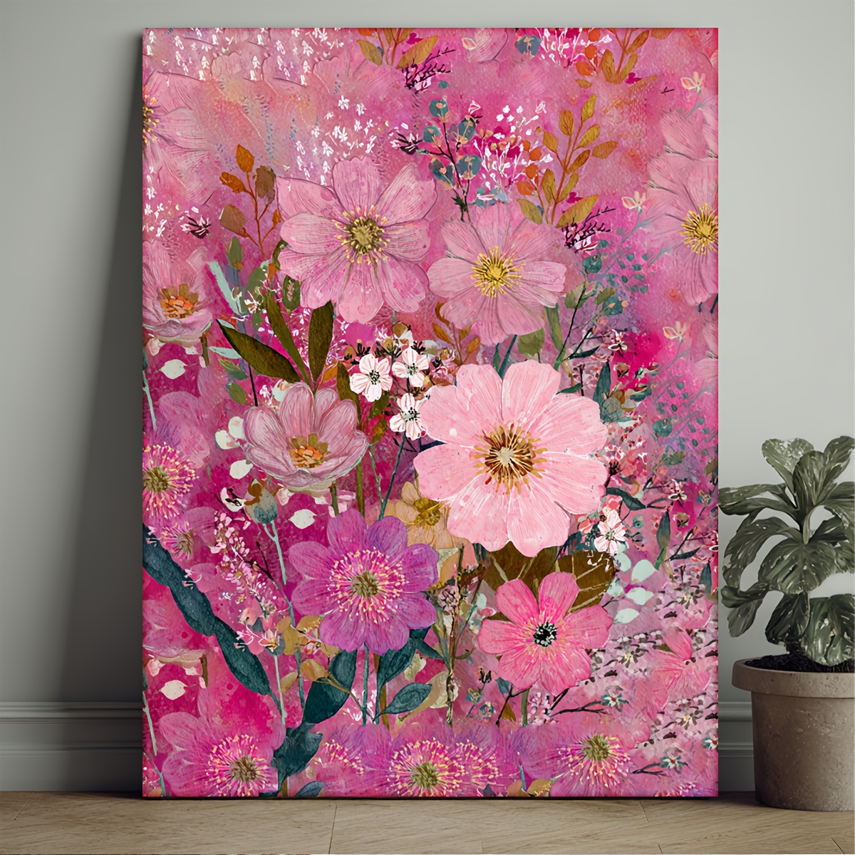 TEMU 1pc 12x16 Inch Framed Manga Style Abstract Canvas Print - Cottagecore With Pink & Multicolor , Rustic Whimsical Wall Decor, Botanical Gift,
