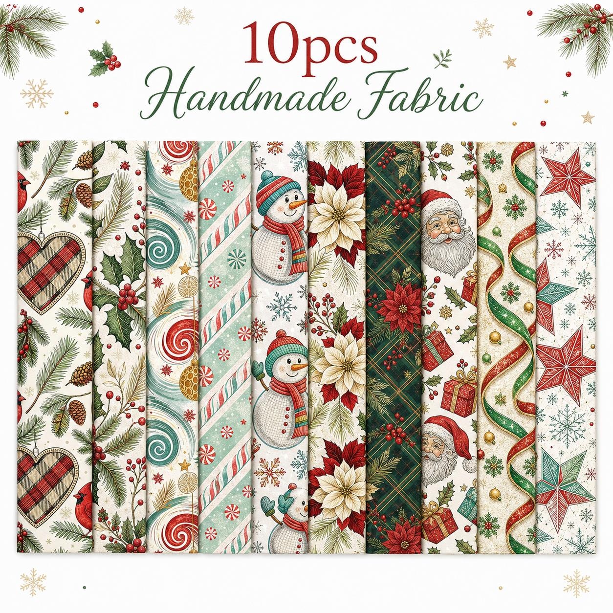 TEMU 10pcs Bandes de tissu Jelly Roll Vintage Motif de Noël Sapin Homme de Neige Père Noël 2.5X19.7Inch Pré-coupées 100% Polyester pour Patchwork