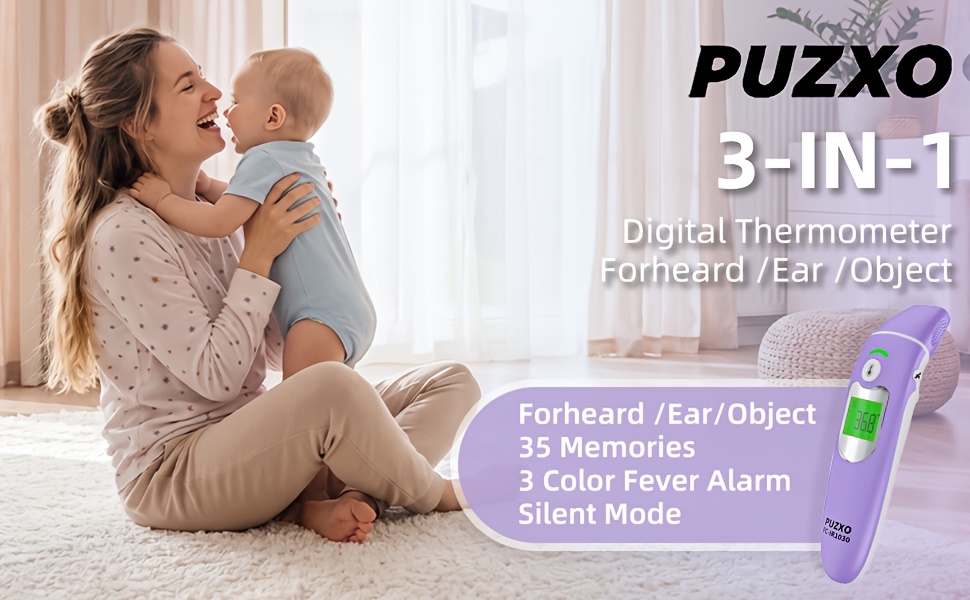 Puzxo Three-In-One Thermometer: Non-Contact Forehead/Ear Temperature/Object Temperature Measurement, Accurate Reading in 1 Second, Three-Color Backlight, LCD Screen Display And Memory Storage, Dual-Use at Home And Clinical, Comes with Battery