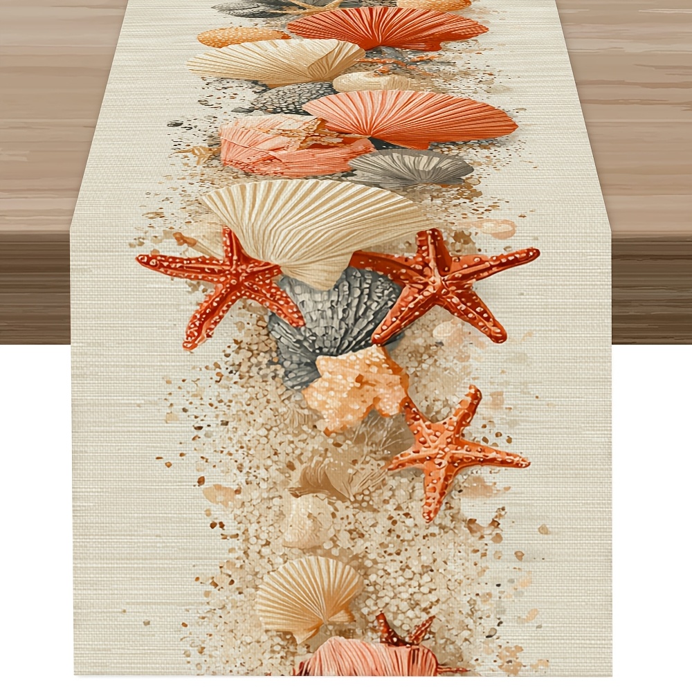 TEMU 1pc, Dynamic Seashell And Starfish Pattern Printed Table Runner, Latest Spring/summer Table Runner, Romantic Ocean , Printed Polyester Table