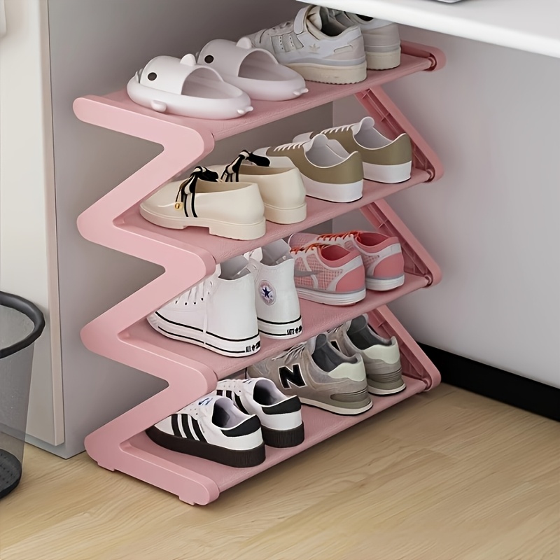 TEMU 4-tier Z-shaped Shoe Rack, Plastic Freestanding Storage Organizer, Easy Assembly Floor Standing For Living Room, Stackable Essentials, No Wood, Electricity-free Use