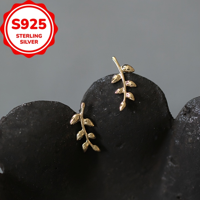 Sterling Silver Leaf Branch Stud Earrings, 925 Silver Plated