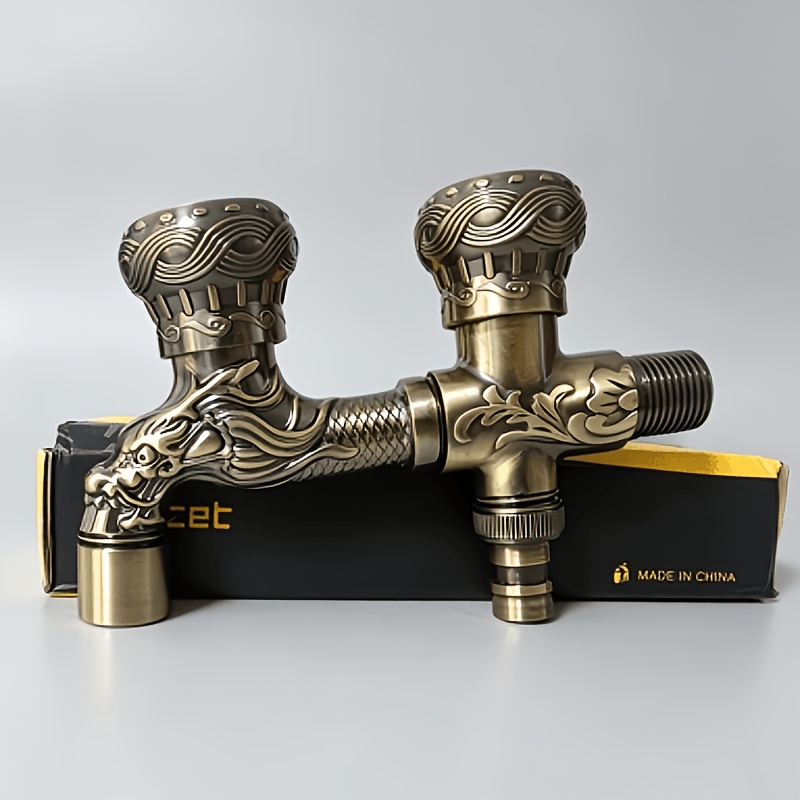 Image of Retro Double Outlet Garden Faucet 3pcs Set, Carved Round Control Handwheel With Built-in Filter Spout, With Material Tape, Decorative Cover, Universal For Garden, Balcony, Washing Machine