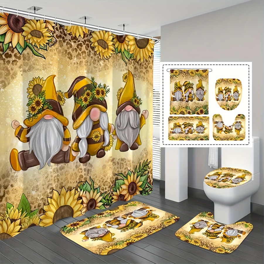 

1/4pcs Sunflower Gnome Bathroom Set - Waterproof Shower Curtain, Rug, Mat, Lid Cover & 12 Hooks - Vibrant Bathroom Decor