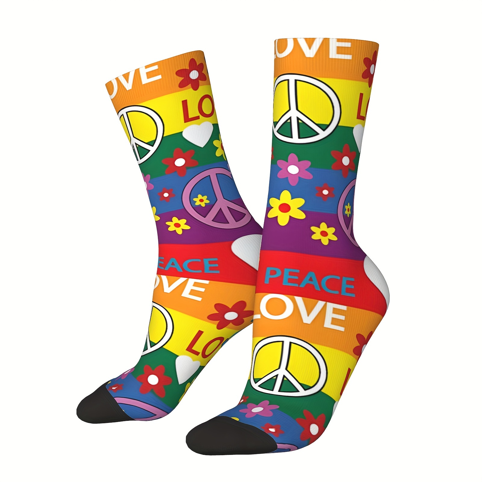 

Love & Peace Hippie-inspired Crew Socks For Men - Novelty Harajuku Style, Breathable Polyester Blend, Perfect Gift Idea